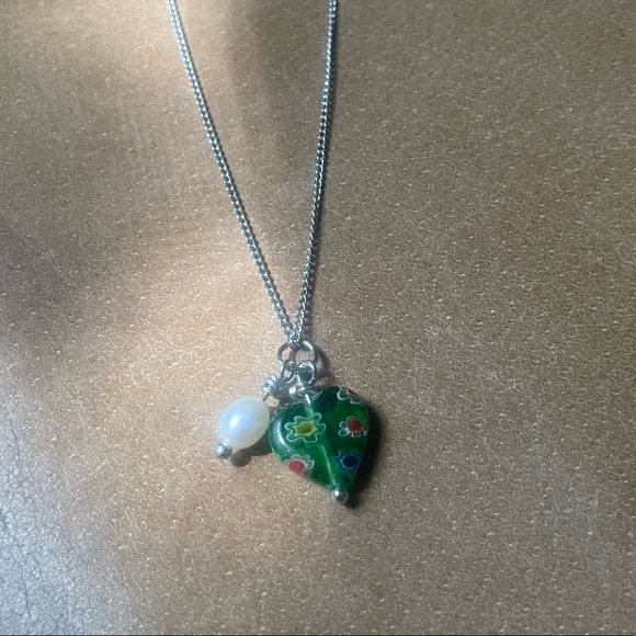 Millefiori Italian 💚 heart bead charm pendant necklace pearl multicolor floral - Picture 3 of 7